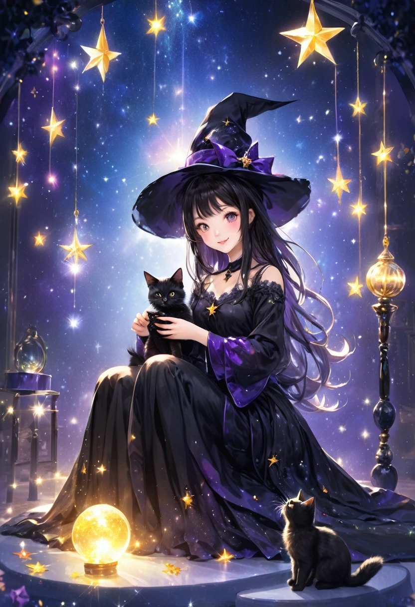 witch, Sitting elegantly and playing with a black kitten,Magic Background 、The background is a glittering star