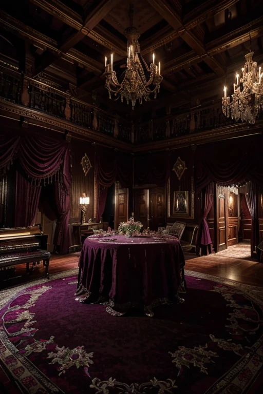 masterpiece, a lot of beauty,great quality, Very detailed, Intricate, cinematic lighting,Room in the house from the horror movie Rose Red, victorian mansion, aisle, luxury, extravagant, never, lovely, baroque and excessive decoration, delusional, terrifying, Winchester mansion. Purple and violet and red and green tones.