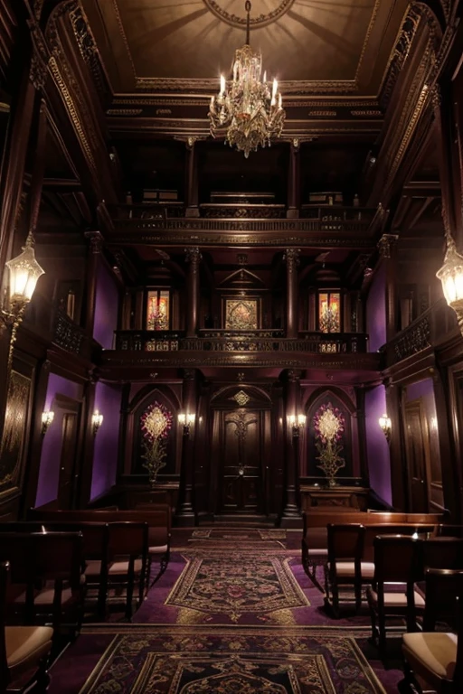masterpiece, a lot of beauty,great quality, Very detailed, Intricate, cinematic lighting,Room in the house from the horror movie Rose Red, victorian mansion, aisle, luxury, extravagant, never, lovely, baroque and excessive decoration, delusional, terrifying, Winchester mansion. Purple and violet and red and green tones.