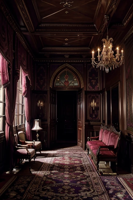 masterpiece, a lot of beauty,great quality, Very detailed, Intricate, cinematic lighting,Room in the house from the horror movie Rose Red, victorian mansion, aisle, luxury, extravagant, never, lovely, baroque and excessive decoration, delusional, terrifying, Winchester mansion. Purple and violet and red and green tones.