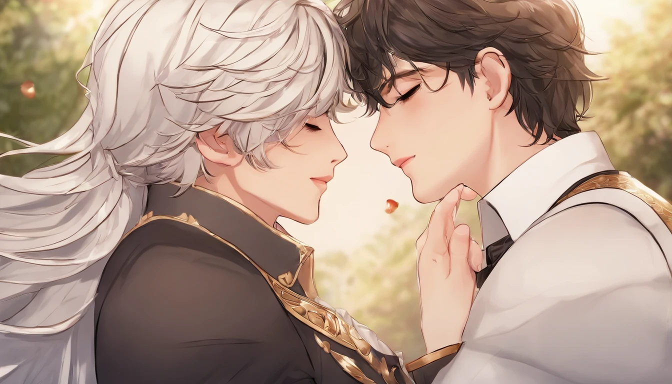 .masterpiece:1.2, Best Quality), Manhwa, (anime image, intricate details, depth of field), (2 boys, kiss), make up, lips together, Very detailed, perfect face, (gay), two boys kissing, (A complete image., blush, one blushing and the other normal(beautiful) genshin impact,very detailed hands,