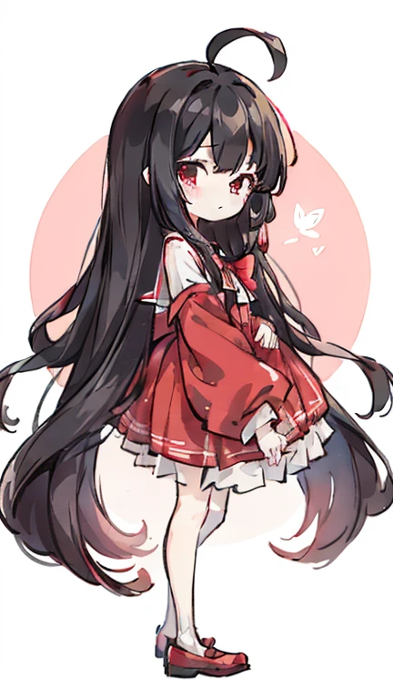 girl　Primary school students　Young Girl　小さいgirl　Height: 130cm　Standing picture Simple design　The dress is a one-piece　Long hair　Long Black Hair　Hair is black　Red eyes　Shoulder-baring ahoge
