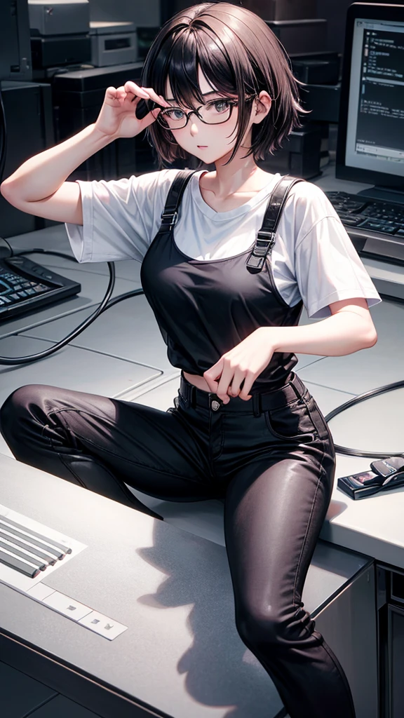 play keyboard、Plain white T-shirt、Wolf Hair、Black trousers、Glasses、One Woman One Girl, Gaze, Shortcuts,