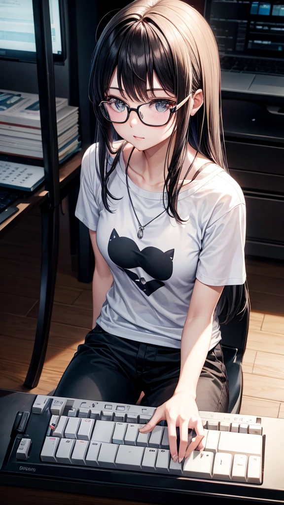 play keyboard、Plain white T-shirt、Wolf Hair、Black trousers、Glasses、One Woman One Girl, Gaze, Shortcuts,