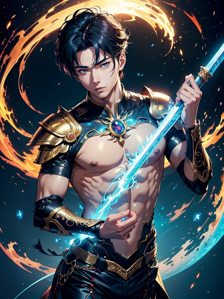 A asian boy like Mighty Archangel Michael, 20-29 years old, handsome, kpop idol actor, many jawline, manly chin, Full Body Shoot, (eyes contact), detailed facial parts, Manly, bare chest,
Quiff haircut :: high detail, is in highly detailed battle armor, holding a detailed flaming blue sword of golden pearls, detailed fingers, a flaming sacred aura radiating from his body, stylish model pose, moon background, surreal, fantasy, magical, intricate details, depth of field. Best quality, masterpiece, ultra high resolution, (anime realism, photorealistic: 1.4), perfect composition, centered, symmetry