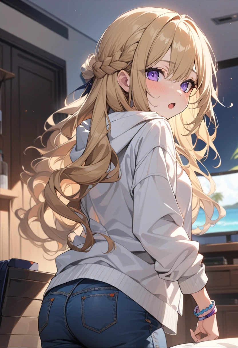 masterpiece, best quality, extremely detailed, ultra detailed, flat anime, 2D,
1girl, (young adult:1.2),blonde hair, (semi-long hair:1.2), curly hair, french braid, medium breasts, purple eyes, tsurime, height 1.7meters, 
white hooded sweatshirt, jeans,bracelet, long sleeves,socks,
very interesting, open mouth, USB flash drive in hand, 
upper body, portrait, looking back
summer, livingroom, 12AM., standing