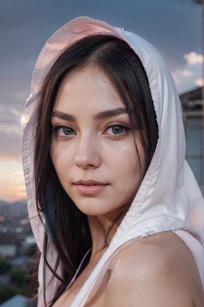 A girl with long blue hair. Her face is exquisite, with high cheekbones and smooth fair skin. Her large black eyes, framed by long thick eyelashes, are impressive and expressive, radiating calmness and confidence. Well-defined eyebrows curve gracefully above her eyes, adding intensity to her gaze. She has a small, straight nose and full, slightly parted lips that curve into a slight smile, revealing hints of mischief and allure. Her sharp, well-defined jawline gives her face a refined and elegant appearance. Pink halo, white robe dissolving into pink smoke, pink glow inside hood, no face, pink ribbons spreading out from behind, flying in sky, sunset storm background