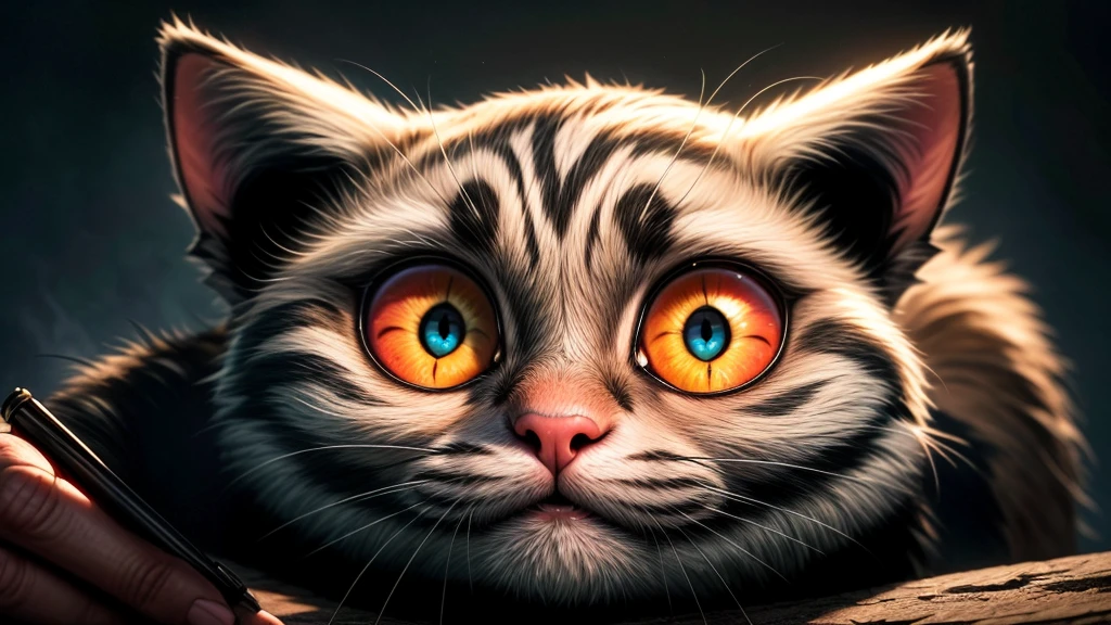a giant cat, nekomata, startling a girl, beautiful detailed eyes, beautiful detailed lips, extremely detailed eyes and face, long eyelashes, portrait, intricate details, highly detailed, hyper realistic, 8k, masterpiece, dramatic lighting, moody atmosphere, eerie, surreal, supernatural, fantasy, cinematic, vivid colors, chiaroscuro