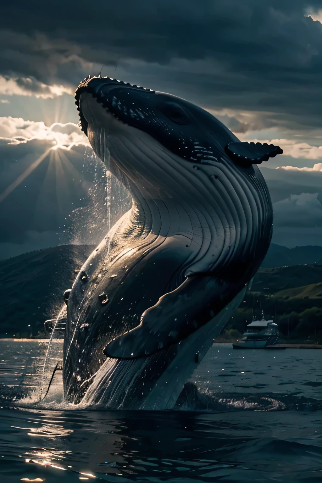 whale in water near a boat horror vie scene dramatic lighting