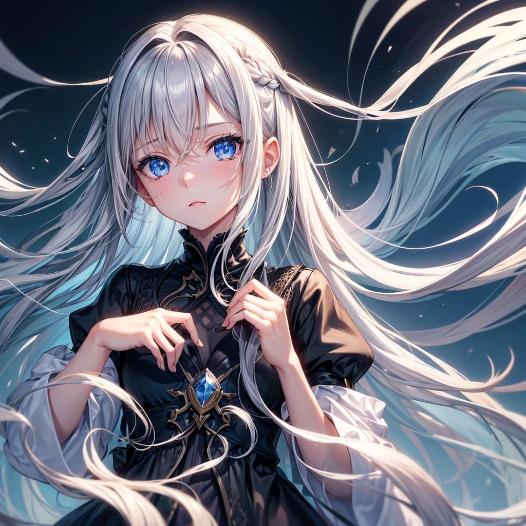 One girl, Long Hair, High resolution, Gaze, blue eyes, Food, Gray Hair, I want to cry, Simple Background, far and near method, Illustration,