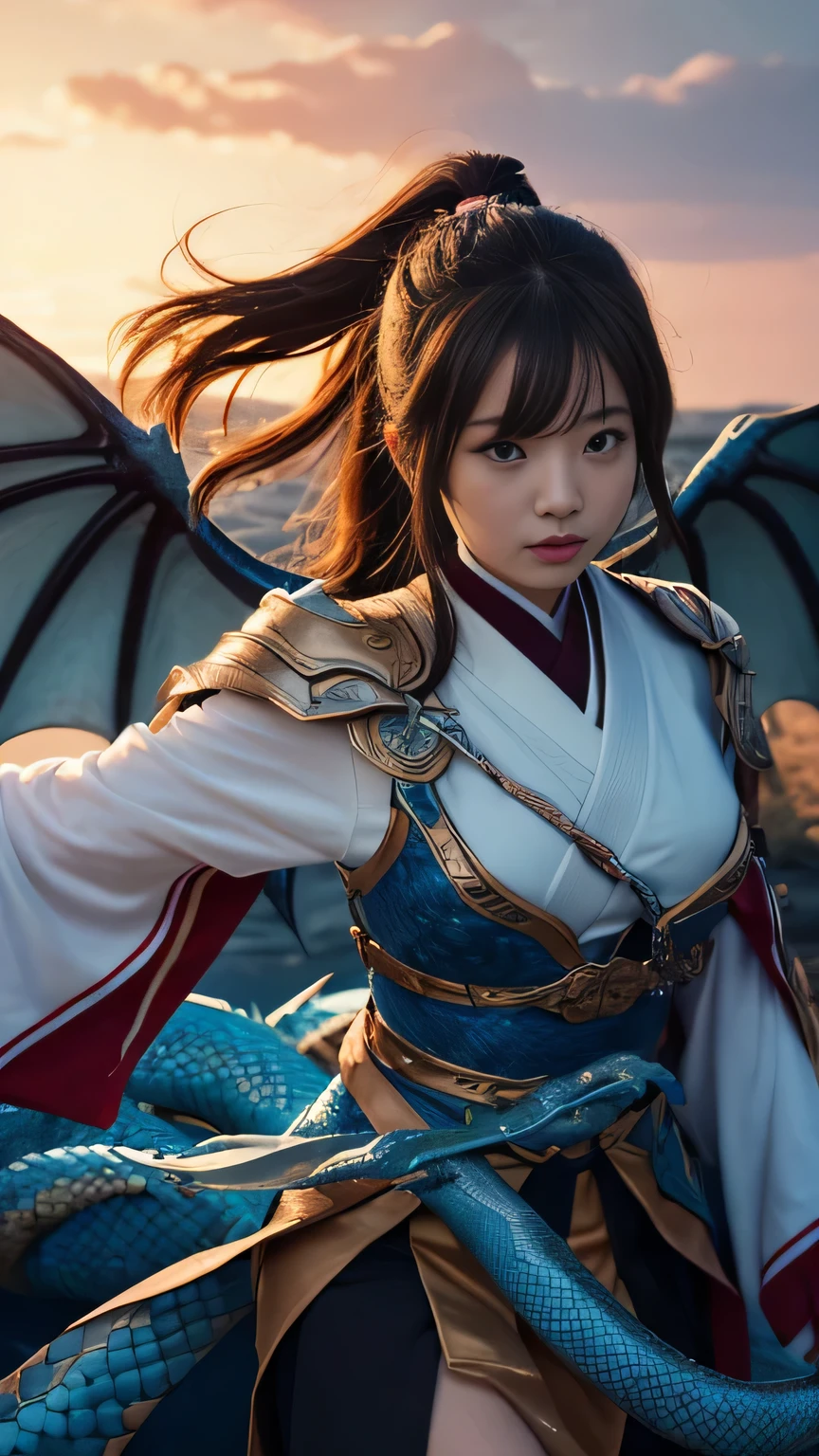 female, He carries a white cane decorated with the Japanese symbol for life., Blue flames coming out of the decoration, A dragon came out of it、A blue wind blows with the ghost of a snake, Perfect Judy with a face and scythe，The female is dressed in a white outfit made of scythe steel, The female&#39;s hair is white, The woman is an incarnation of God., Dragon on background，(The background of the CG 8k module is very detailed) (Highest quality), (Best illustrations), (Best shade), Very detailed t--v6