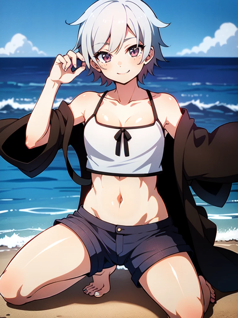 masterpiece, best quality, beautyful, very detailed, beach, ocean behind, miami, a boy of 19 years old, shemale, full body, foreground, femenine, barefoot, solo, handsome, beautyful face, really short black jean shorts , really short black t-shirt, shiny skin, (femenine face:1.5) (short hair: 1.9) (shiny skin:1.9)  (looking at viewer:1.9) (femenine:1.9) (smiling:1.5) (masculine:1.4)
