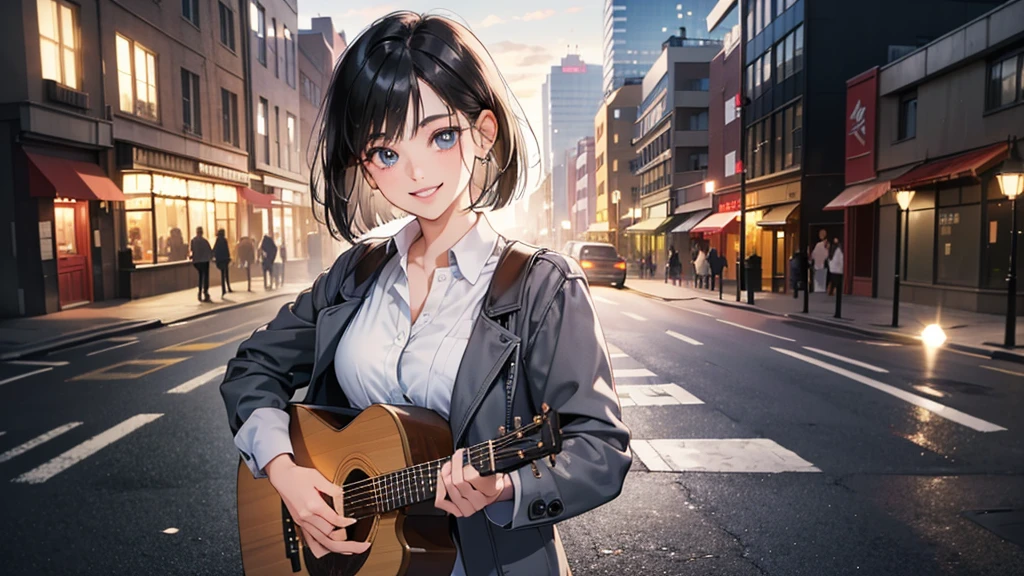 (perfect anatomy:1.2)(absurdres, highres, ultra detailed),masterpiece,best quality,high resolution,8k,Realistic face,Realistic skin texture,magnified textures, stunning clarity,detailed anime girl,(ultra detailed eyes and face),(1 girl:1.5)21years old,she is office worker,,black hair, bob cut,natural make,grey jacket,grey pants,white brouse,sparkling eyes.small nose,roundface,(Plays the acoustic guitar on the street),night,bussines district,she is walking,(looks happy:1.5),feeling freedom,(smile:1.5),(look at viewer),upper body