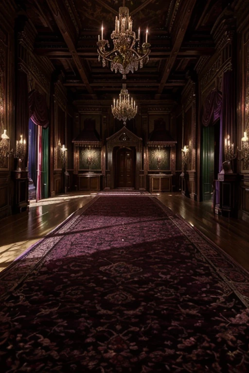 masterpiece, a lot of beauty,great quality, Very detailed, Intricate, cinematic lighting,Room in the house from the horror movie Rose Red, victorian mansion, aisle, luxury, extravagant, never, lovely, baroque and excessive decoration, delusional, terrifying, Winchester mansion. Purple and violet and red and green tones.
