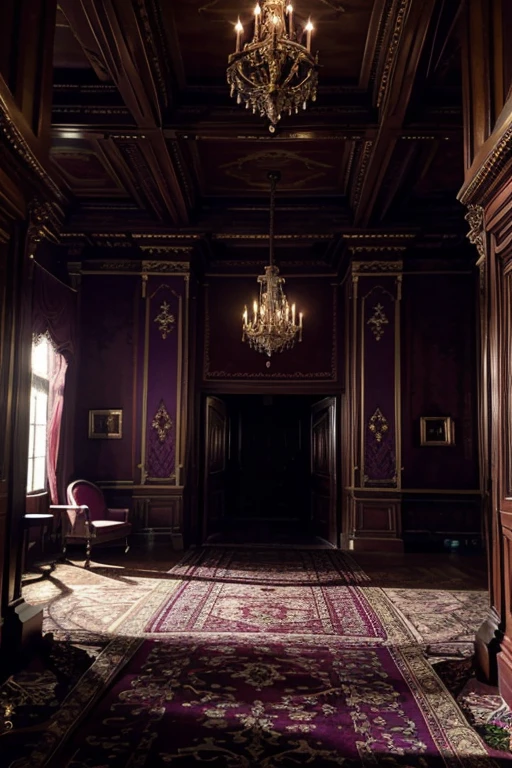 masterpiece, a lot of beauty,great quality, Very detailed, Intricate, cinematic lighting,Room in the house from the horror movie Rose Red, victorian mansion, aisle, luxury, extravagant, never, lovely, baroque and excessive decoration, delusional, terrifying, Winchester mansion. Purple and violet and red and green tones.
