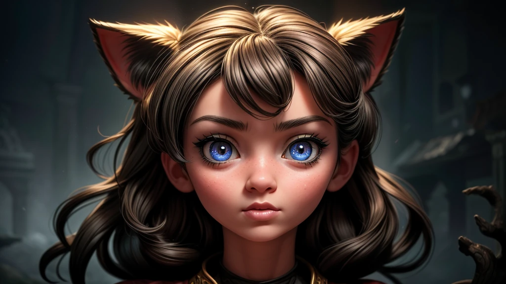 a giant cat, nekomata, startling a girl, beautiful detailed eyes, beautiful detailed lips, extremely detailed eyes and face, long eyelashes, portrait, intricate details, highly detailed, hyper realistic, 8k, masterpiece, dramatic lighting, moody atmosphere, eerie, surreal, supernatural, fantasy, cinematic, vivid colors, chiaroscuro