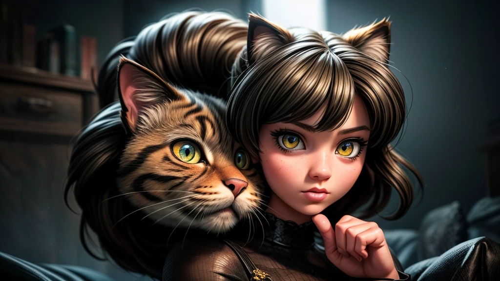 a giant cat, nekomata, startling a girl, beautiful detailed eyes, beautiful detailed lips, extremely detailed eyes and face, long eyelashes, portrait, intricate details, highly detailed, hyper realistic, 8k, masterpiece, dramatic lighting, moody atmosphere, eerie, surreal, supernatural, fantasy, cinematic, vivid colors, chiaroscuro