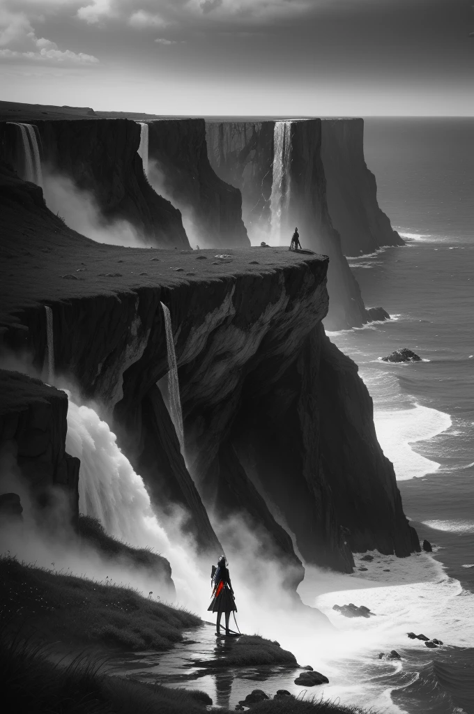 black and white and blue and red,(best quality, ultra-detailed, high resolution, extremely detailed cg),wide shot,dead angels stand on cliff edge,she is very beautiful,she like blood and sea,bloody rain, mystical,fanatic, intricate, surreal,delicate