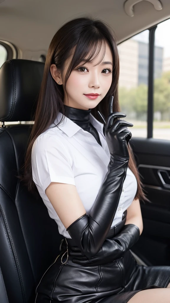 Black Leather Gloves female secretary Driver's seat of a car