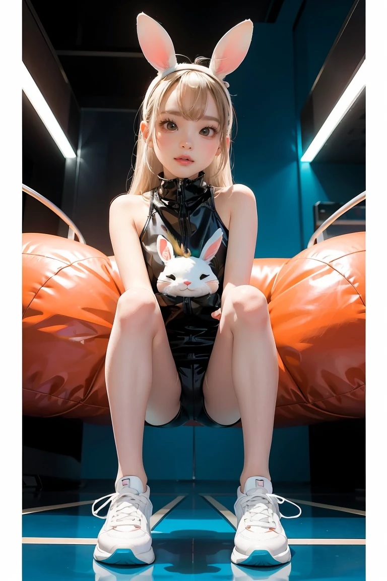 1girl, Cartoon animal design, flat style cute rabbit full body photo, simple but not lost sense of design, fresh flat style, cyberpunk elements are applied freely, the front view presents a charming cute posture, and the feet hang down in a cute posture