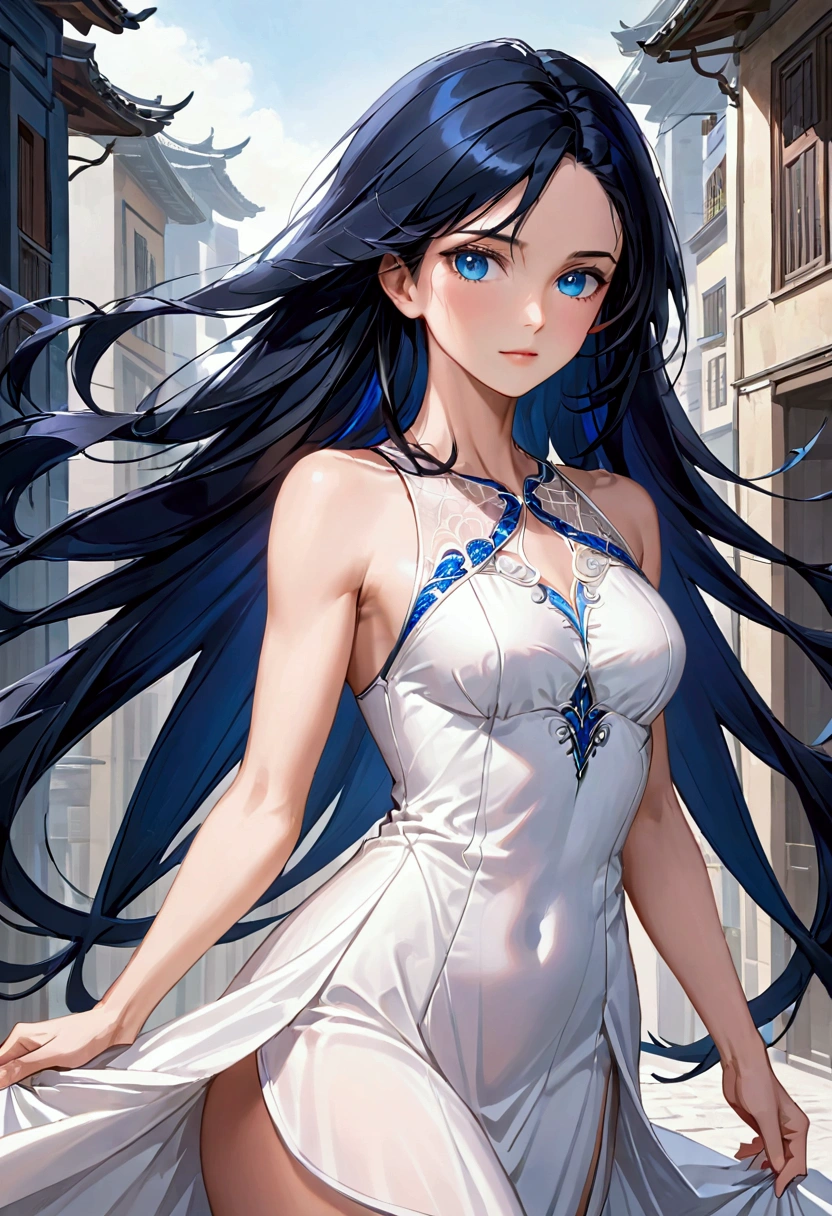 long black hair with inner dark blue hair, dark blue eyes, tall athletic body,mature face, elegant white dress