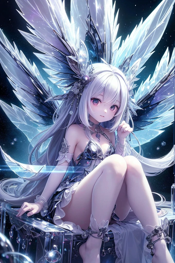 Create an image of a small, (((fluffy creature with large))), sparkling black eyes and long white fur. The creature has delicate, luminous wings that resemble leaves with intricate vein patterns glowing in hues of blue and purple. It is surrounded by tiny orbs of light that float around it, adding to its mystical appearance. The background is dark with a subtle shimmer, suggesting the creature is sitting on a surface that reflects the soft lights around it.