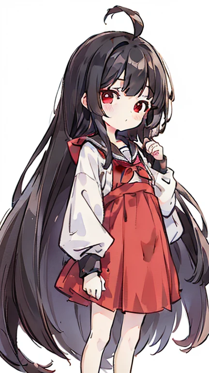 girl　Primary school students　Young Girl　小さいgirl　Height: 130cm　Standing picture Simple design　The dress is a one-piece　Long hair　Long Black Hair　Hair is black　Red eyes　Shoulder-baring ahoge
