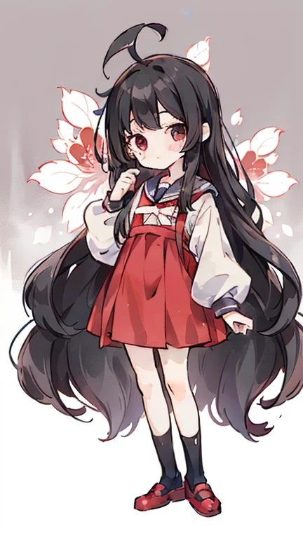 girl Primary school students Young Girl 小さいgirl Height: 130cm Standing picture Simple design The dress is a one-piece Long hair Long Black Hair Hair is black Red eyes Shoulder-baring ahoge