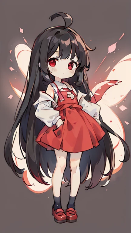 girl　Primary school students　Young Girl　小さいgirl　Height: 130cm　Standing picture Simple design　The dress is a one-piece　Long hair　Long Black Hair　Hair is black　Red eyes　Shoulder-baring ahoge
