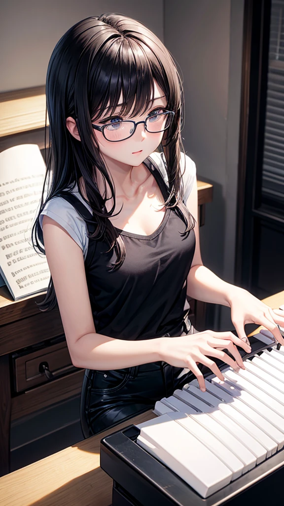 Playing piano keyboard、Plain white T-shirt、Wolf Hair、Black trousers、Glasses、One Woman One Girl, Gaze, Shortcuts,