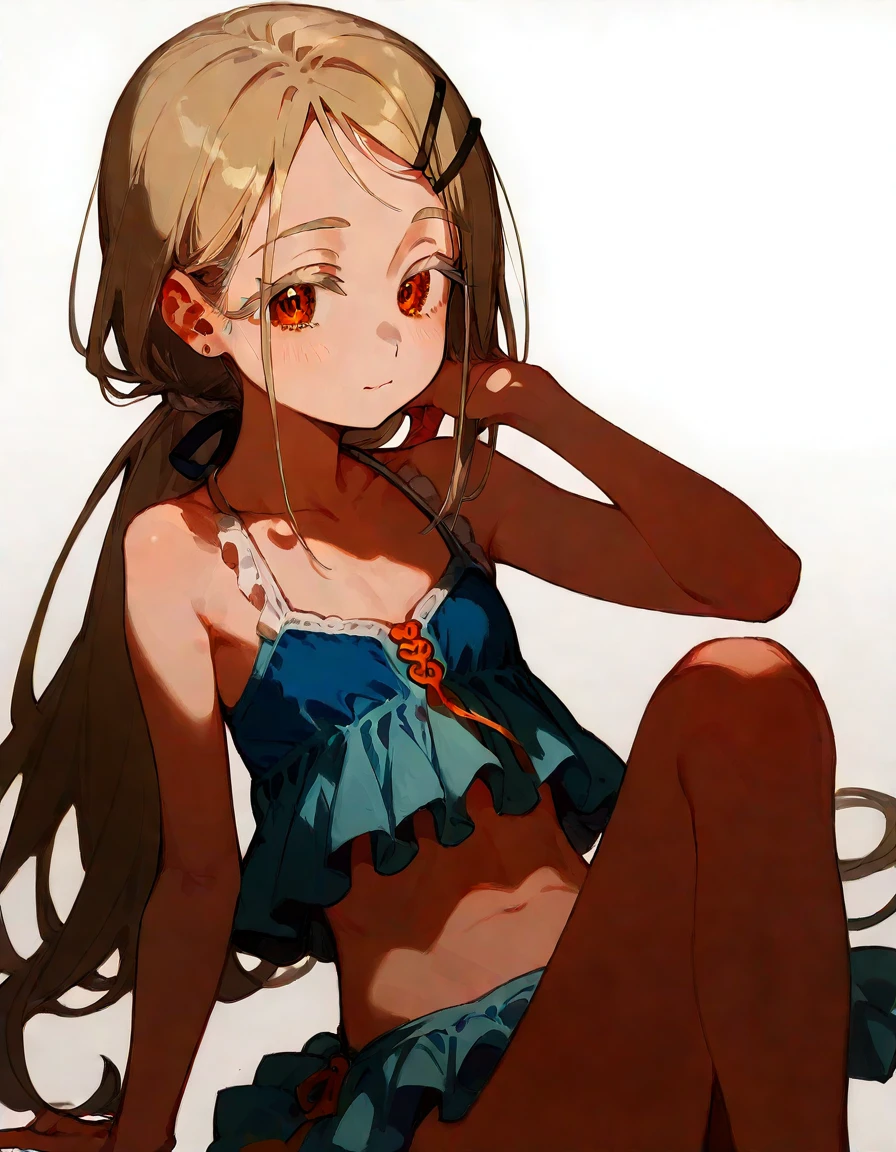 Highest quality, masterpiece, No correction, Beark 1 dhibi girl,shinosawa hiro,thin,Orange eyes,White eyelashes,Blonde,Long Hair,Hair Clip,flat chest,white background,frilled bikini,blue bikini,low ponytail,sitting,