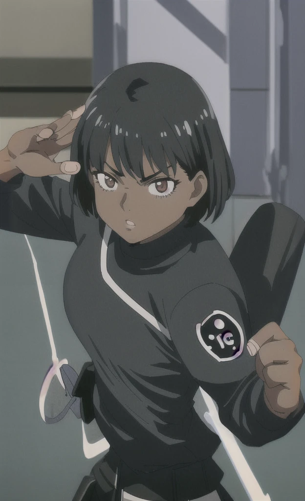 90s anime black skinned women with short black hair wearing a swat gear