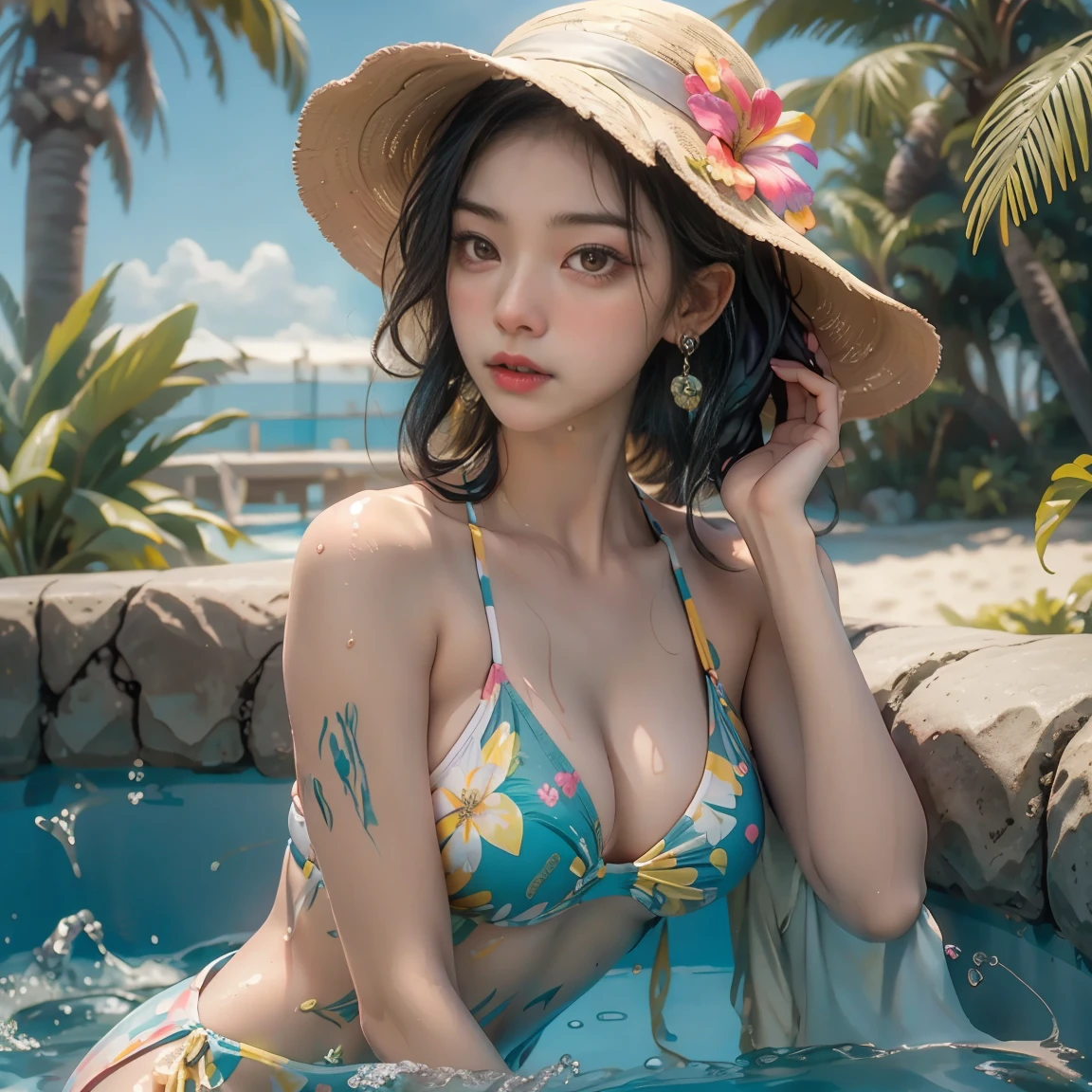 Beautiful girls wearing bikinis at a pool party, detailed face, full body shot, detailed eyes, detailed lips, wet skin, splashing water, tropical plants, palm tree, flower fruit hat, the sun shines, vivid colors, Amazing 4K, realistic, very detailed, top quality, , yellow hat, circular transparent goggles, pointy ears, red eyes, rainbow dress, large billboard, Dalmatian, Gulliver's Travels, giant, large billboard world, beach, palm tree, play Appliances, food trucks