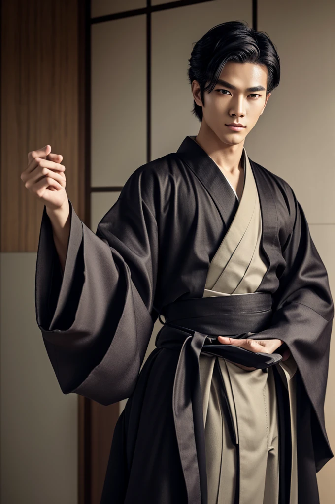 androgynous-looking man with a youthful, almost feminine charm. He has large, expressive eyes and long, dark lashes. His attire is a blend of masculine and feminine elements, such as a flowing, kimono-style robe and fitted hakama pants."