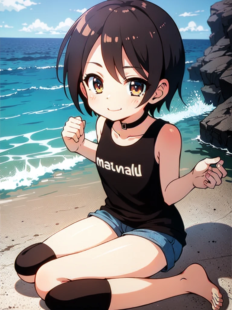 masterpiece, best quality, beautyful, very detailed, beach, ocean behind, miami, a boy of 19 years old, shemale, full body, foreground, femenine, barefoot, solo, handsome, beautyful face, really short black jean shorts , really short black t-shirt, shiny skin, (femenine face:1.5) (short hair: 1.9) (shiny skin:1.9) (looking at viewer:1.9) (femenine:1.9) (smiling:1.5) (masculine:0.8)