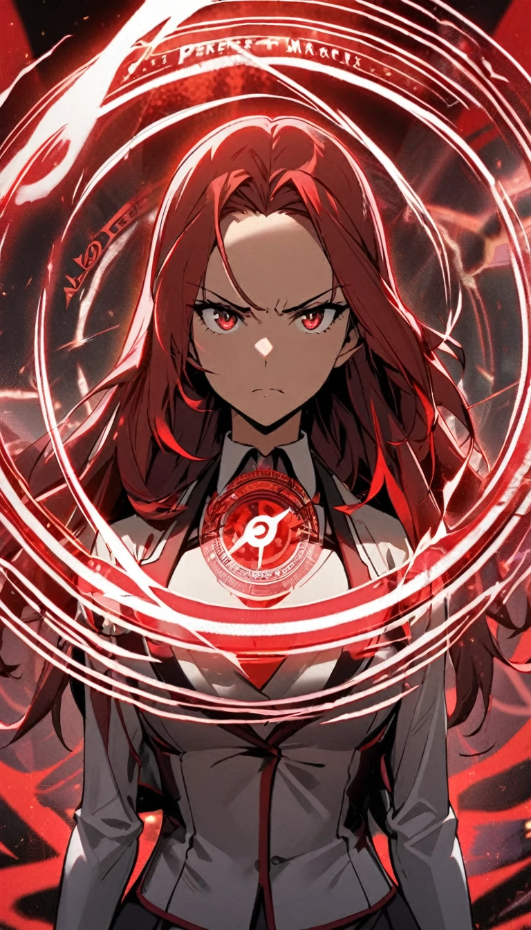 1girl,matured,red curtain hair forehead,small eyes,,long face, ,white blazer with logo,white high waist skirt,red glowing eldritch magic circle, serious, perfect body, standing 