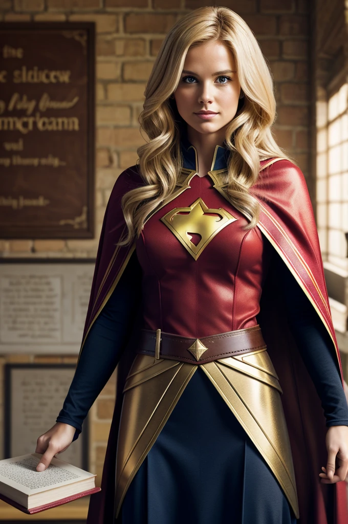 Create an Image of a blonde woman with a superhero cape,symbolizing her role as a teacher Holding a book in one hand and a pencil in the other, In the background, a shield with the motto "May"