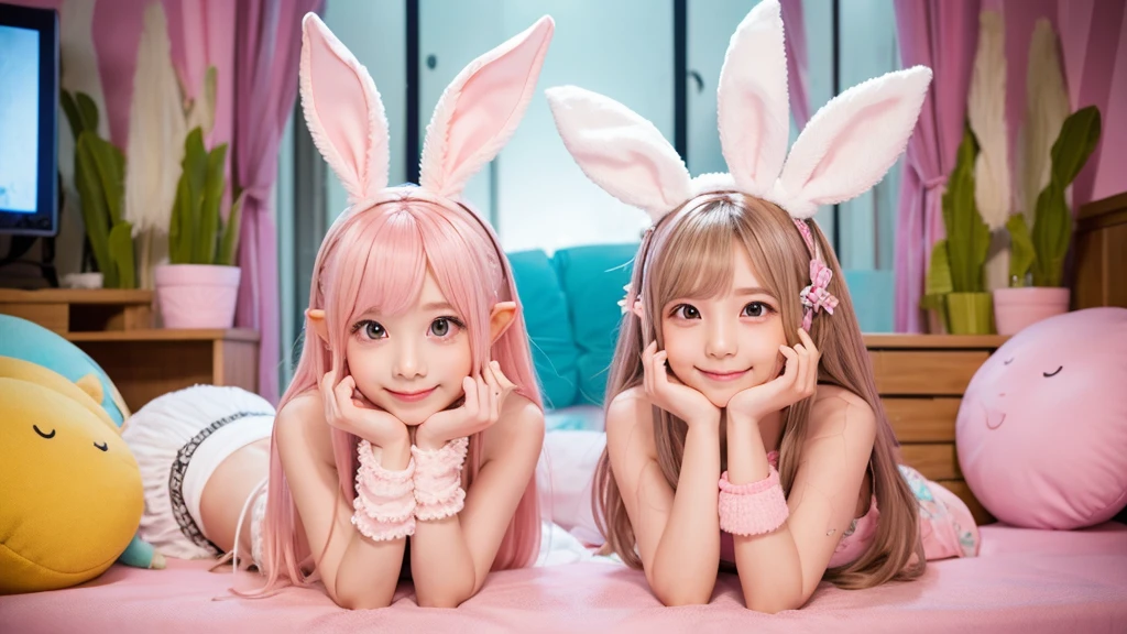 Bunny ears、Chibi Girl Elf、Waiting or sitting down to rest、Pink pop room、 smile