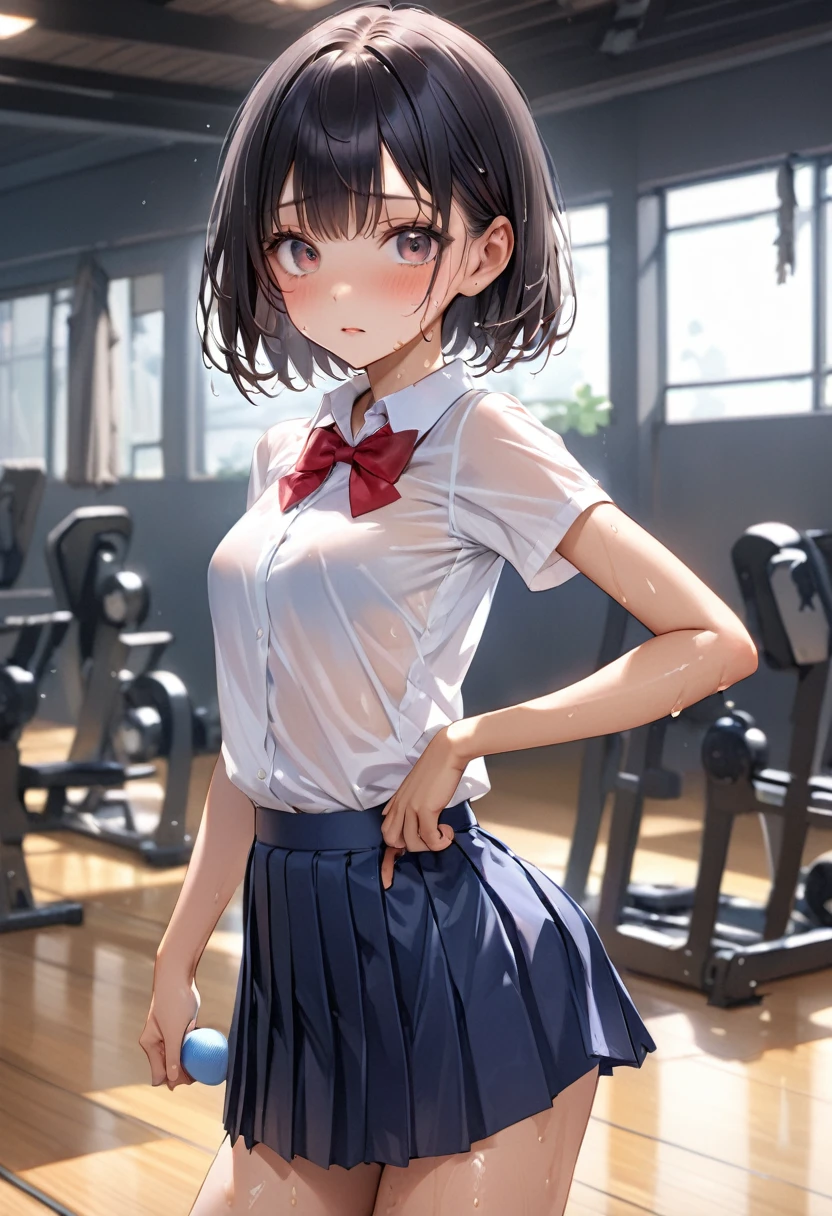 ((realistic)),((masterpiece,Highest quality:1.3,best quality illustration)),cowboy shot,独奏,1woman,18 year old beauty、black hair,short bob hair,bangs,black eyes,(gorgeous big eyes),((very small head:1.3)),shy,((very long body,:1.2,skinny)),((tan skin:1.4)),small breasts,(Collared short-sleeved shirt、red bowtie,Navy blue pleated mini skirt),gleaming skin,oily skin,slender body,sweat, Gym stretch,School、Tokyo、