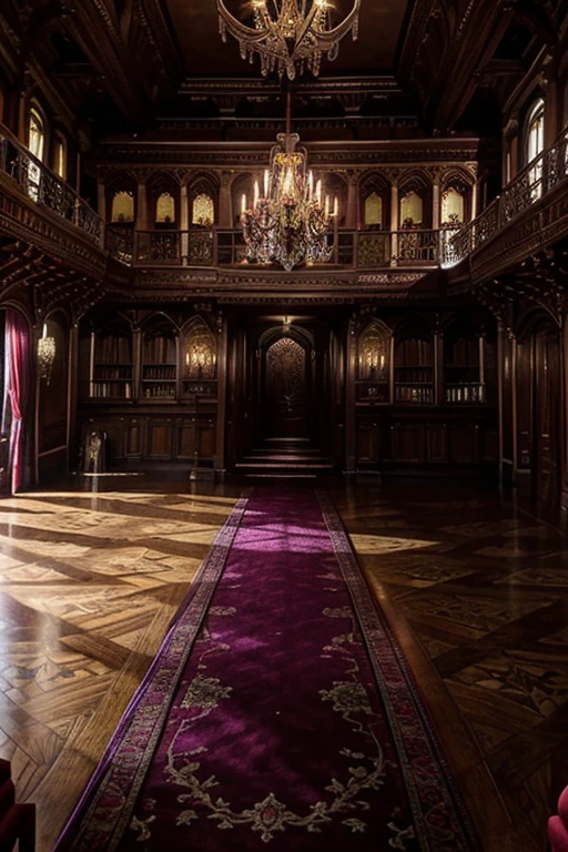 masterpiece, a lot of beauty,great quality, Very detailed, Intricate, cinematic lighting,Room in the house from the horror movie Rose Red, victorian mansion, aisle, luxury, extravagant, never, lovely, baroque and excessive decoration, delusional, terrifying, Winchester mansion. Purple and violet and red and green tones.