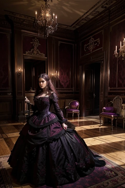masterpiece, a lot of beauty,great quality, Very detailed, Intricate, cinematic lighting,Room in the house from the horror movie Rose Red, victorian mansion, aisle, luxury, extravagant, never, lovely, baroque and excessive decoration, delusional, terrifying, Winchester mansion. Purple and violet and red and green tones.
