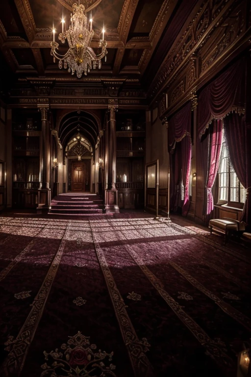 masterpiece, a lot of beauty,great quality, Very detailed, Intricate, cinematic lighting,Room in the house from the horror movie Rose Red, victorian mansion, aisle, luxury, extravagant, never, lovely, baroque and excessive decoration, delusional, terrifying, Winchester mansion. Purple and violet and red and green tones.