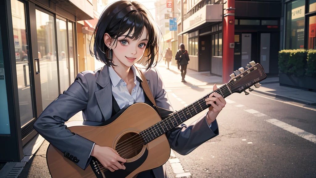 (perfect anatomy:1.2)(absurdres, highres, ultra detailed),masterpiece,best quality,high resolution,8k,Realistic face,Realistic skin texture,magnified textures, stunning clarity,detailed anime girl,(ultra detailed eyes and face),(1 girl:1.5)21years old,she is office worker,,black hair, bob cut,natural make,grey jacket,grey pants,white brouse,sparkling eyes.small nose,roundface,(Plays the acoustic guitar on the street:1.2),night,bussines district,she is walking,(looks happy:1.5),feeling freedom,(smile:1.5),(look at viewer),upper body