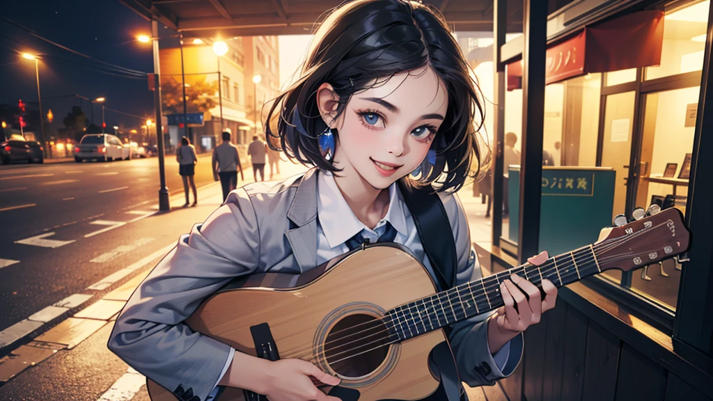 (perfect anatomy:1.2)(absurdres, highres, ultra detailed),masterpiece,best quality,high resolution,8k,Realistic face,Realistic skin texture,magnified textures, stunning clarity,detailed anime girl,(ultra detailed eyes and face),(1 girl:1.5)21years old,she is office worker,,black hair, bob cut,natural make,grey jacket,grey pants,white brouse,sparkling eyes.small nose,roundface,(Plays the acoustic guitar on the street:1.2),night,bussines district,she is walking,(looks happy:1.5),feeling freedom,(smile:1.5),(look at viewer),upper body