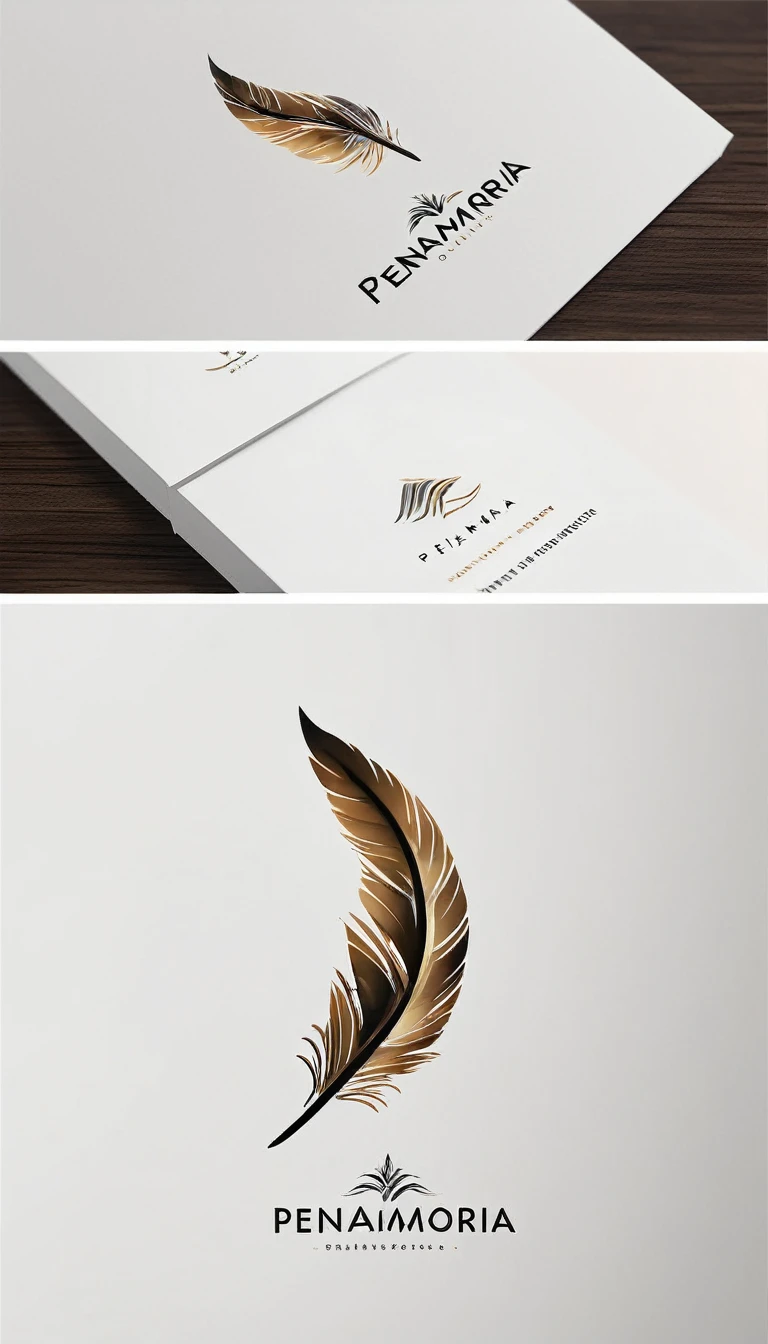 A minimal, modern, simple, cinematic logo design for the brand “Penamemoria". Create a modern, minimalistic, high-quality, masterpiece, fantastic, poetic feather that symbolizes dreams and stories.