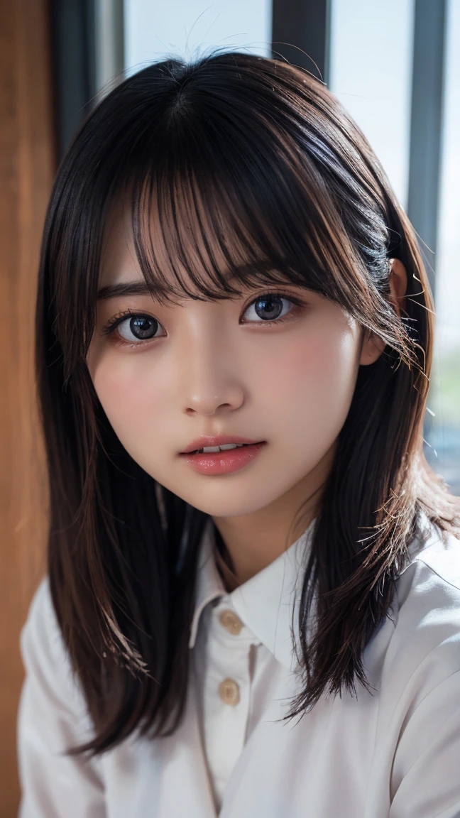 nude,Pretty small face,Sharp contours,Straight Hair,Perfect Woman,Beautiful and young Korean woman,Neat clothes,Slender, Beautiful, large and fine eyes, White teeth,eye shadow