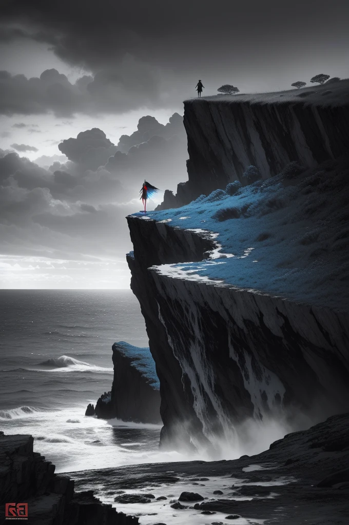 black and white and blue and red,(best quality, ultra-detailed, high resolution, extremely detailed cg),wide shot,dead angels stand on cliff edge,she is very beautiful,she like blood and sea,bloody rain, mystical,fanatic, intricate, surreal,delicate
