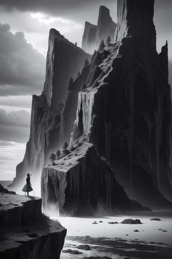black and white and blue and red,(best quality, ultra-detailed, high resolution, extremely detailed cg),wide shot,dead angels stand on cliff edge,she is very beautiful,she like blood and sea,bloody rain, mystical,fanatic, intricate, surreal,delicate