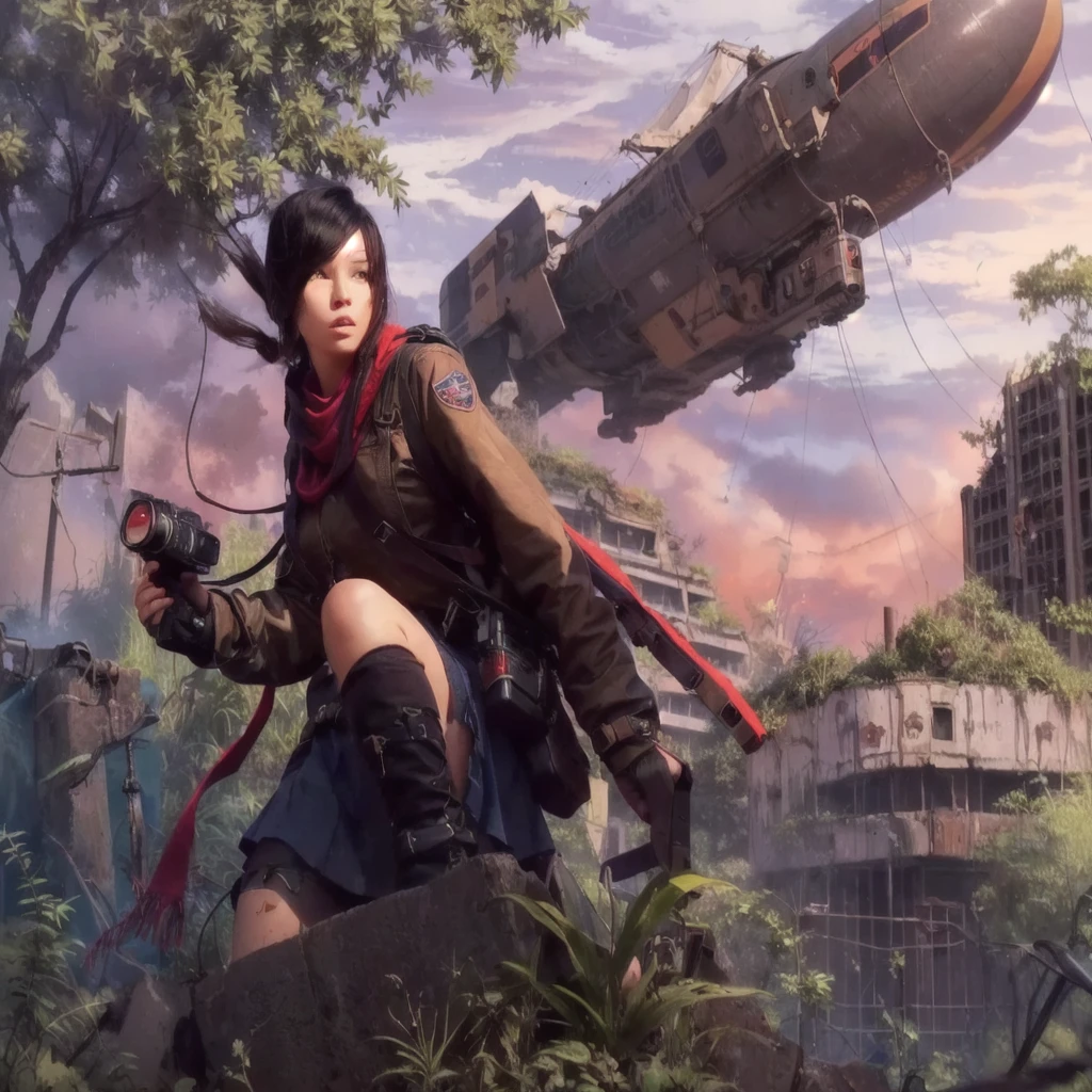 a girl with camera, blimp in background, extremely detailed, post-apocalyptic explorer, red scarf, boots, blue skirt, sling bag, detailed, high-detail, realistic, photorealistic, 8k, masterpiece, cinematic lighting, vivid colors, dramatic composition