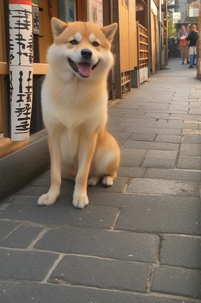 A lively Shiba Inu standing on a cobblestone road. This dog has bright orange fur.、Looking straight into the camera with tongue sticking out。, Gives a playful and happy look. The background depicts traditional Japanese architecture., Wooden buildings, Lantern, Signs, etc.,puppy,